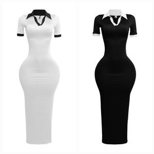 Collar Neck Short Sleeve Contrast Maxi Dress